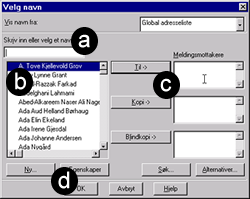 Illustrasjonen viser Adresse-vindauget i Outlook med skefelt, liste over e-postadresser, Til- og Kopi-felt