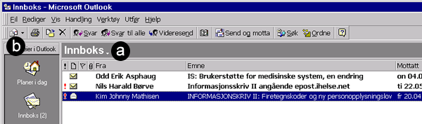 Illustrasjonen viser innboksen til Outlook med 2 nye meldinger og 1 lest melding