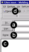 Illustrasjonen viser eit utsnitt av Ny melding-vindauget i Outlook med dei felta som kan fyllast ut (Til, Kopi, Emne og melding)